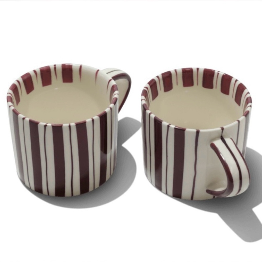 Noon & Moon Cherry Lacquer Striped Ceramic Coffee Mug Set of 2‎ (8.6 oz, NIB)